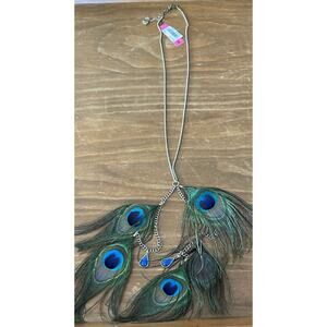 Betsey Johnson Vintage Asian Jungle Peacock Feather Y Necklace